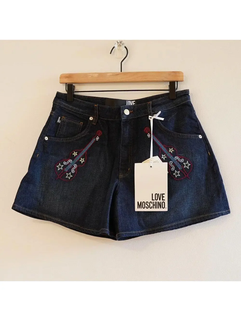 Love Moschino Guitar Embroidered Denim Shorts